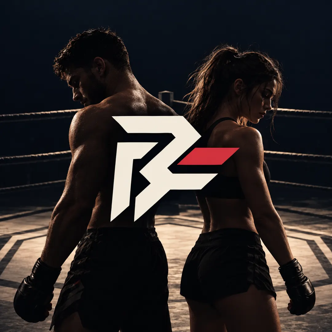 Two fighters back to back in red and black, gloves up